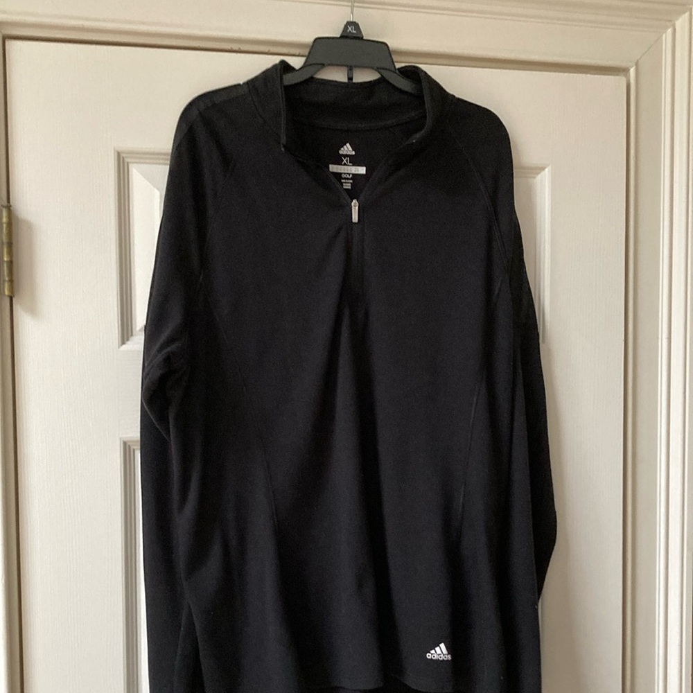 Adidas Black Quarter-Zip Pullover. 3 stripes on top of sleeve in black